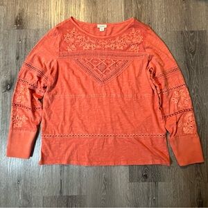 Sundance Coral Eden's Lace Eyelet Embroidered Boho Boatneck Western Top Large